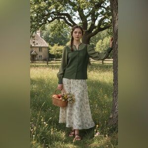 Vintage RARE Green Cottage Core Prairie Linen Crochet Balloon Sleeve Shirt S/M